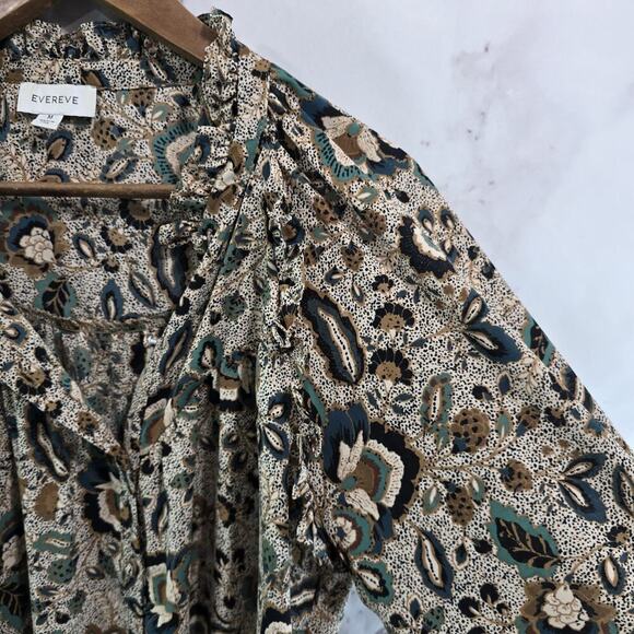 Evereve Shirt Women Medium Beige Blouse Popover Button Ruffle Long Sleeve Floral - Picture 12 of 13
